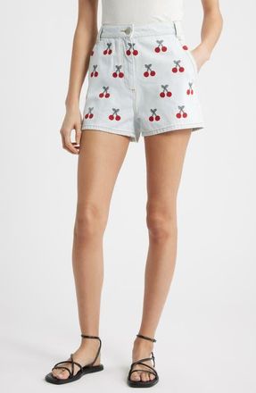 Farm Rio Cherry Embroidered High Waist Denim Shorts at Nordstrom, Size 24