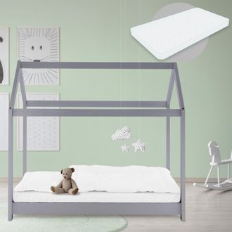 ML Design Ml-design - Cama Infantil Gris Claro Con Colch&oacute;n De Espuma Fr&iacute;a Hipoalerg&eacute;nica 80x160 Cm Techo Somier Estructura Listones De Madera Maciza De Pino Par