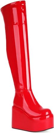 Generic Womens Round Toe Platform High Wedge Heel Over The Knee Long Boots Thigh High Stretch Winter Shoes with Side Zipper (Red,5.5)
