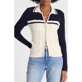 Madewell Colorblock Cable Knit Zip Cardigan in Navy And Ivory Colorblock at Nordstrom, Size Xx-Small