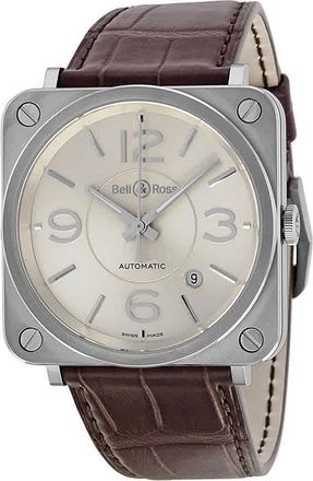 Bell & Ross Officer Silver Dial Brown Alligator Leather Mens Watch BRS-OFF-SIL