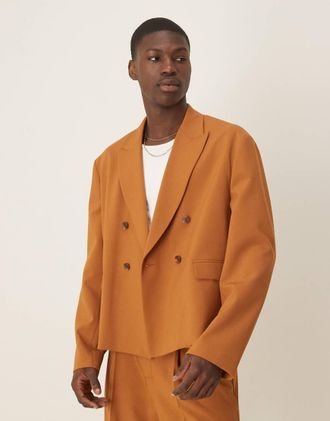 Asos Giacca da abito squadrata effetto lino color ruggine-Arancione