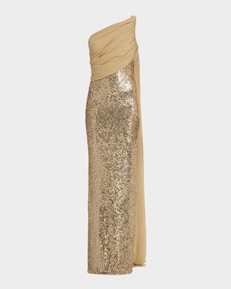 Pamella Roland Draped Chiffon One-Shoulder Sequined Gown