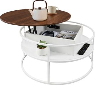Relaxdays Mesa De Centro Relaxdays, Altura Ajustable Con Almacenaje, 46 X 80 Cm, Tablero Elevable, Mdf, Hierro, Blanco/marr&oacute;n