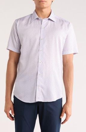 David Donahue Neat Print Short Sleeve Shirt in White/Purple at Nordstrom Rack, Size Xx-Large