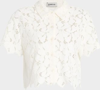 SIMKHAI Marjorie Cropped Floral Lace Camp Shirt