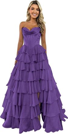 Generic Strapless Corset Prom Dresses for Women Long A Line Ball Gown Chiffon Tiered Formal Evening Gowns with Slit Purple S