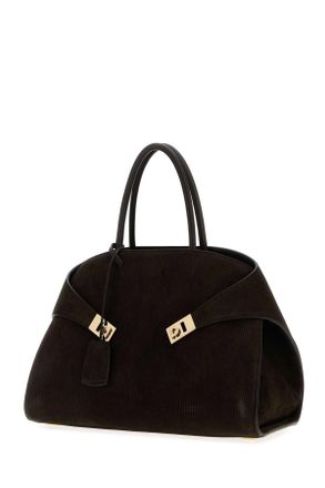 Ferragamo Womens Dark Brown Suede Medium Hug Handbag Testadimtestadimorotestadimoro Lambcalf Borse A Mano