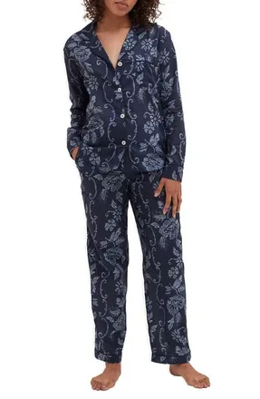 Desmond & Dempsey Long Sleeve Cotton Pajamas in Dorothea Navy at Nordstrom, Size Xx-Large