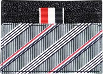 Thom Browne Leren Kaarthouder met Tricolor Detail - Heren - Portefeuilles - Grijs - ONE Size - Katoen - Accessoires