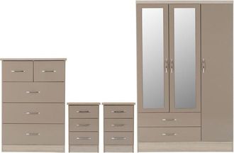 Seconique Seconique - Nevada 3 Door 2 Drawer Mirrored Wardrobe Bedroom Set - Oyster Gloss/Light Oak Effect Veneer