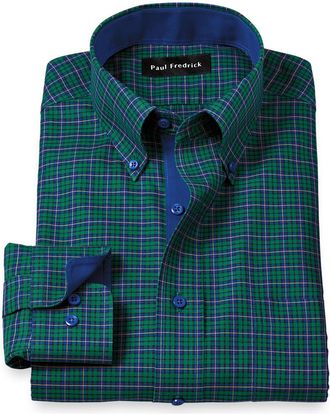 Paul Fredrick Slim Fit Comfort Stretch Non-iron Plaid Dress Shirt With Contrast Trim