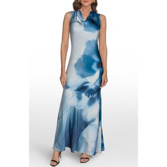 DKNY Printed Cowl Neck Gown in Washed Indigo at Nordstrom, Size 10