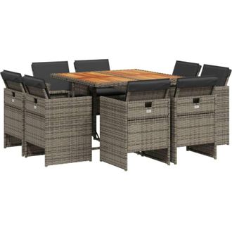 vidaXL Set Comedor Jard&iacute;n 9 Pzas Y Cojines Rat&aacute;n Sint&eacute;tico Gris Vidaxl