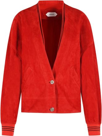 Versace Vibrant Red Suede Jacket With Deep V Neckline