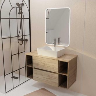 Aurlane Aurlane - Mueble De Ba&ntilde;o 100 Efecto Roble Lavabo Blanco Rectangular Espejo Led 60x80