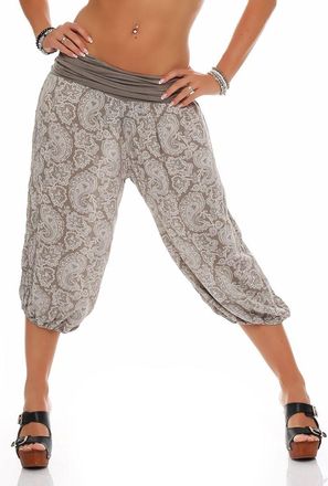 Malito more than fashion Malito 8581 Womens Capri Trousers with Print, Harem Trousers for Dancing, Baggy Trousers for Chilling, Casual Trousers, Fango, 8-16