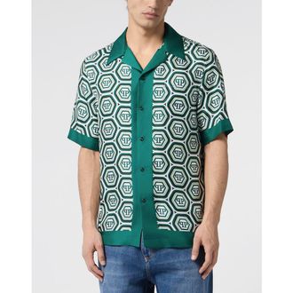 Philipp Plein Silk Bowling Shirt Monogram 70S Men in Green at Nordstrom, Size Large