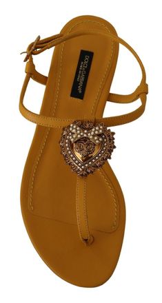 Dolce & Gabbana Womens Mustard Leather Devotion Flats Sandals Shoes Yellow