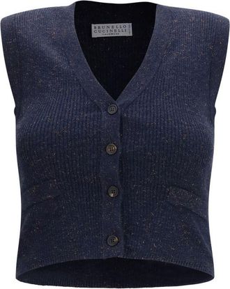 Brunello Cucinelli Blue Cashmere Sleeveles Womens Sweater