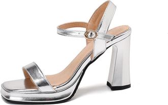 Generic Womens Strappy High Heeled Wedding Pumps Open Toe Slingback Bridal Sandals Chunky Block Heel Platform Party Prom Shoes,Silver,8.5 UK