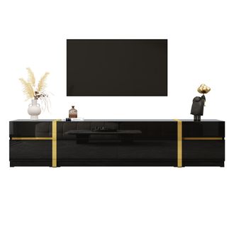STILVORA Mobile Tv Con 4 Cassetti E 2 Ante, Finitura Lucida E Dettagli Dorati, Soggiorno, In Mdf, Nero, 180 X 40 X 38 Cm