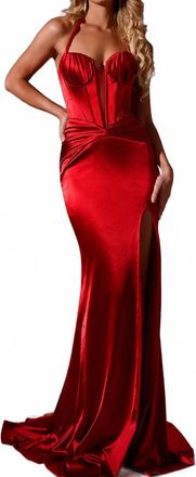 Jovani Strapless Fitted Satin Gown With Corset And Train In Red