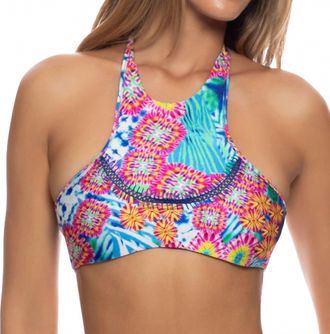 Luli Fama Beautiful Mess Curved Stitch High Neck Bikini Top In Multi