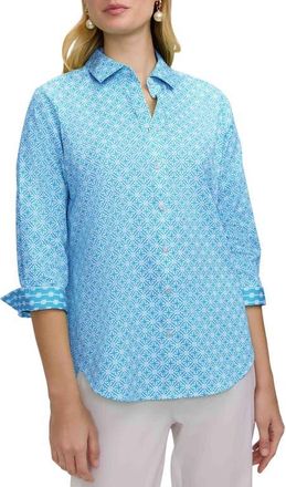 Foxcroft Margie Geo Lattice Three-Quarter Sleeve Button-Up Shirt in Blue/White at Nordstrom, Size X-Large