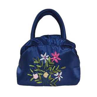 Generic Ethnic Style Tote Bag, Small Purse Wallet, Embroidery Flower Satin Silk Handbag, Zipper Flower Wrist Bag for Women Phone Cosmetic(navy blue)