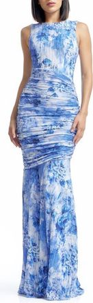 Dress The Population Violetta Plissé Floral Print Trumpet Gown in Cerulean Blue Multi at Nordstrom, Size Xx-Large