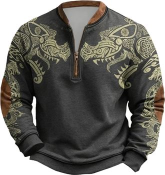 Generic Mens Quarter Zip Sweatshirt Plus Size Vintage Hiking Pullover with 3D Norse Myth Print Warm Long Sleeve Fashion Top