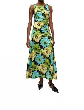 Ganni Printed Floral Lycra Jersey Gathered Dress In Multicolor