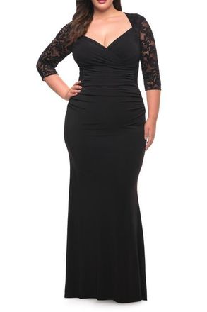 La Femme Jersey Plus Dress with Lace Sleeves and Back in Black at Nordstrom, Size 14W