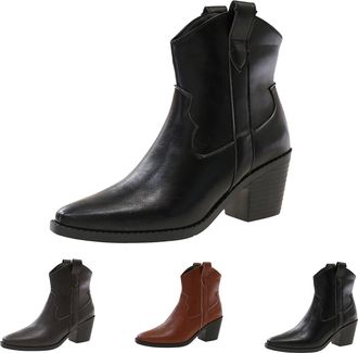 Generic Womens Ankle Boots Wide Calf Boots for Women 2025 Fall Mid Heel Chunky Heel Pointed Toe Mid Calf Western Cowboy Booties For Women European & American 