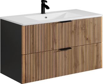 Vente-Unique Mueble de ba&ntilde;o suspendido con lavabo encastrado - Natural claro y negro - 100 cm - MADELA