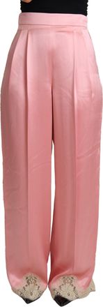 Dolce & Gabbana Pink Lace Trimmed Silk Satin Wide Legs Womens Pants
