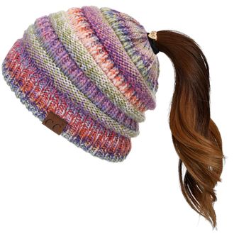 C.C Exclusives Soft Stretch Cable Knit Messy Bun Ponytail Beanie Winter Hat for Women (MB-20A), Rose Mix, One Size