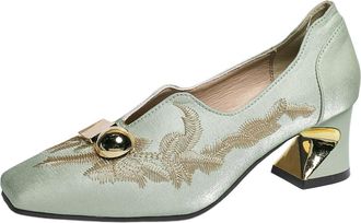 Generic Womens Square Toe Retro Pumps Shoes Embroidered Metal Design Mid Heels Slip On Casual Elegant Loafers (7.5,Green)