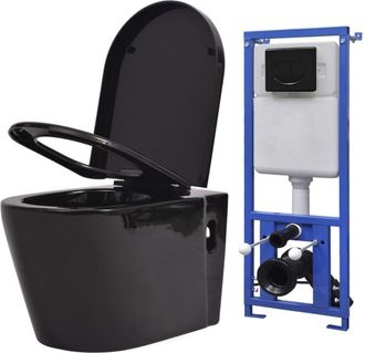 vidaXL Inodoro De Pared Con Cisterna Oculta Cer&aacute;mica Negro Vidaxl