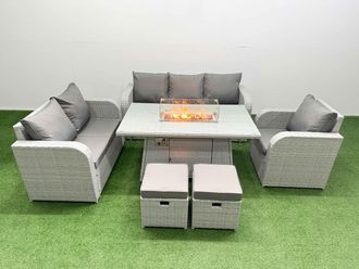 Fimous Patio PE Wicker 8 Seater Outdoor Rattan Furniture Sofa Sets w/ Firepit Dining Table Reclining Chair Loveseat Sofa 3 Seater Sofa Stool Light