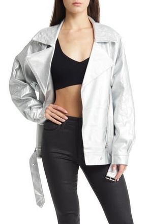 Azalea Wang Metallic Faux Leather Moto Jacket in Silver at Nordstrom Rack, Size Medium