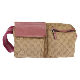 Gucci Vintage Double Belt Bag Gg Canvas With Leather Beige Canvas Bag (Pre-Owned)
