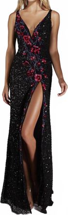 Alyce Paris High Slit Embellished V-Neck Dress In Black Multi