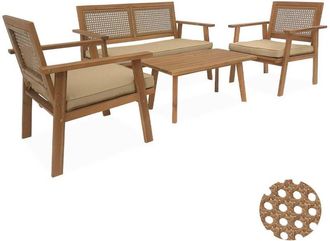 Sweeek Sweeek - 4-seater wooden and cane rattan garden sofa set, Bohemia, Brown and Beige, 117x64x74 cm