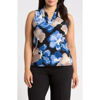 Anne Klein Floral Pleated Jersey Top in Dutch Blue Multi at Nordstrom, Size 2X