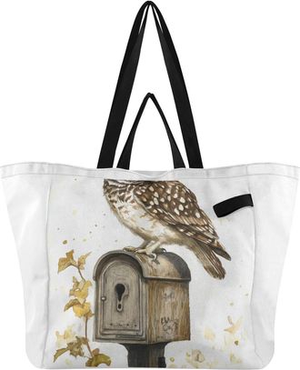 Generic Owl Mailbox Leaves Beige pattern Reusable Canvas Tote Bag, Heavy Duty Grocery Shopping Bag with Hard Bottom Double Handles Large Capacity Work Groceri
