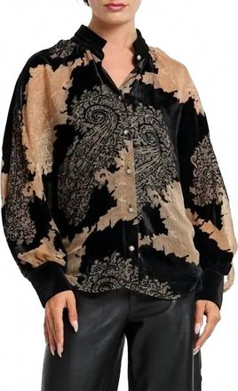 Ciebon Printed Velvet Burnout Batwing Button Down Top In Tan Black