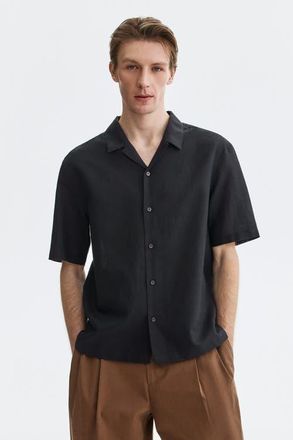 H&M Relaxed Fit Linen-blend Resort Shirt in Black at Nordstrom, Size Xx-Large