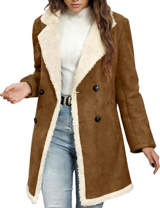 Generic Winter Jackets for Women Shearling Sheepskin Faux Suede Jacket Vintage Furry Sherpa Lined Trench Coats Button Down Lapel Windbreak Outerwear Cashmere 